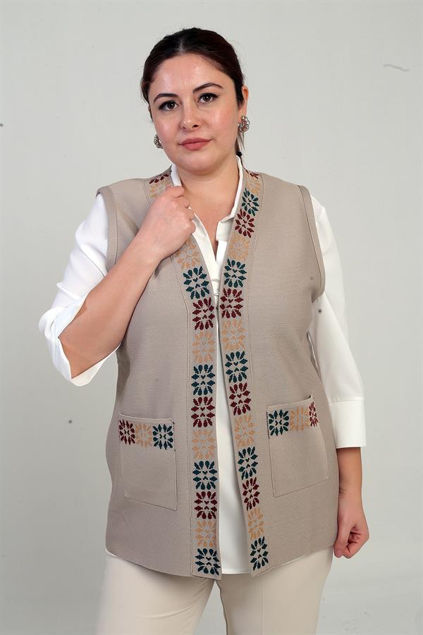 Gilet court en maille pour femme grande taille, à motif floral et poche