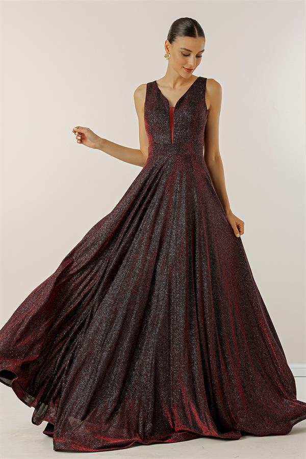 V-Neck Echo Tulle Glittery Lined Evening Dress