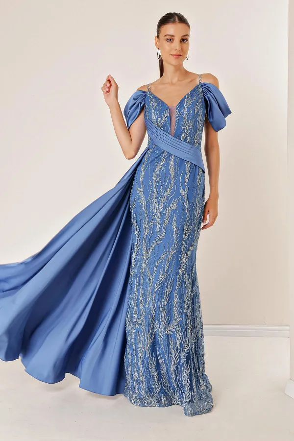 Chain Strap Front Back V Neck Low Sleeve Glittery Flock Printed Lined Long Fishtail Dress