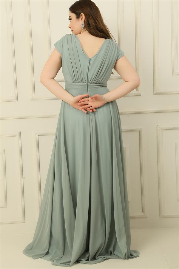 Wrap Neck, Lined, Nail Sleeve, Full Circle, Flared Chiffon Tulle Plus Size Long Dress