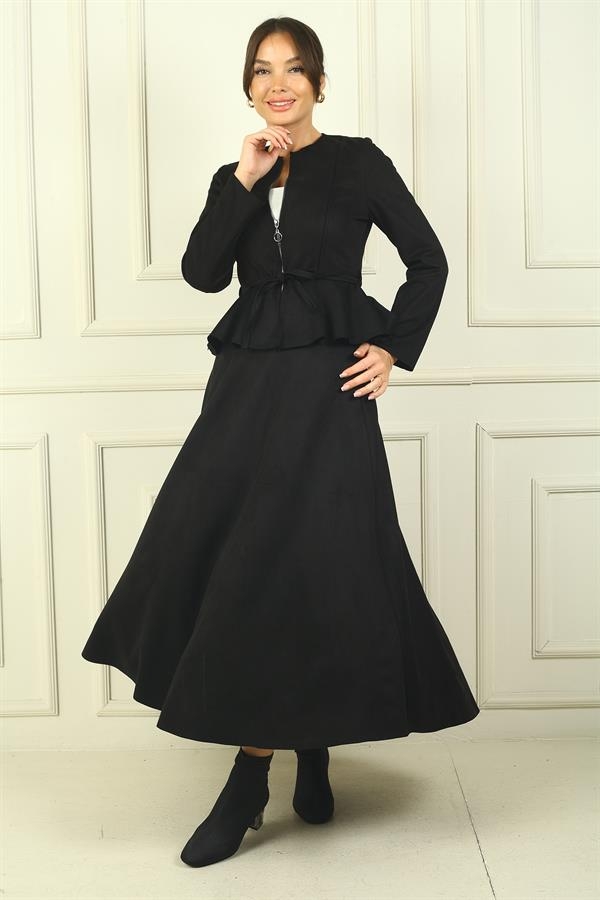 Veste zippée pour femme avec taille cintrée et ceinture, jupe longue élastiquée, ensemble deux pièces en daim