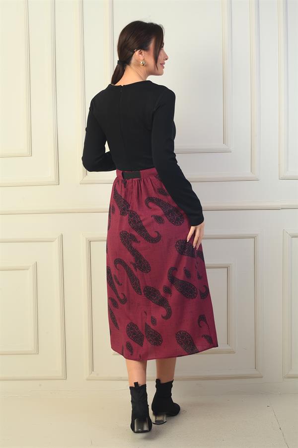 Kadın Beli Kemerli Eteği Şal Desenli Astarlı Elbise