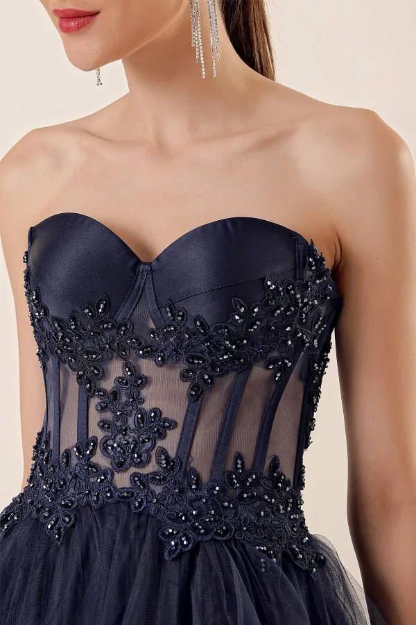 Beaded Top Transparent Layered Tulle Taffeta Long Evening Dress