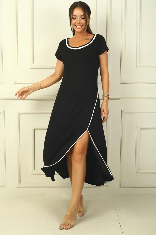 Women's Long Slit Plunge Dress with Piping