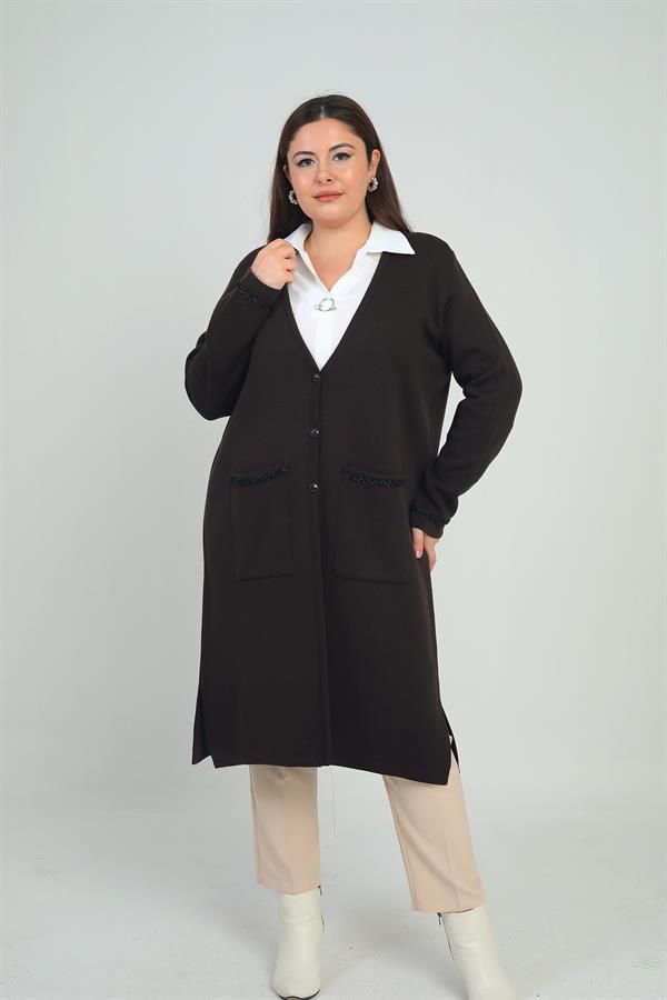 Gilet long en maille grande taille pour femme, avec poches et détails rayés