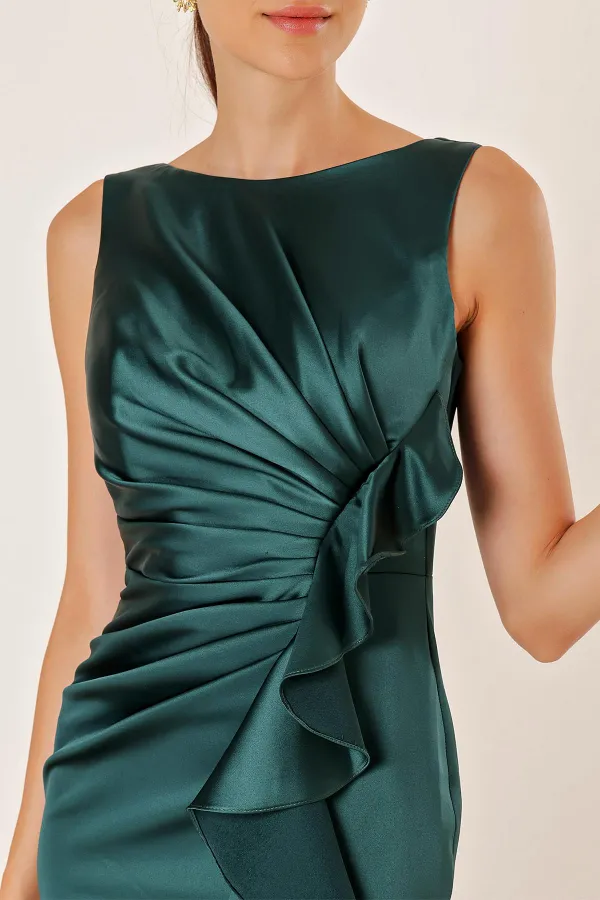 Kadın Önü Drapeli Volanlı Astarlı Uzun Saten Elbise