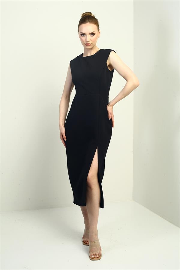 Kadın Kendinden Telalı Önü Yırtmaçlı Midi Elbise