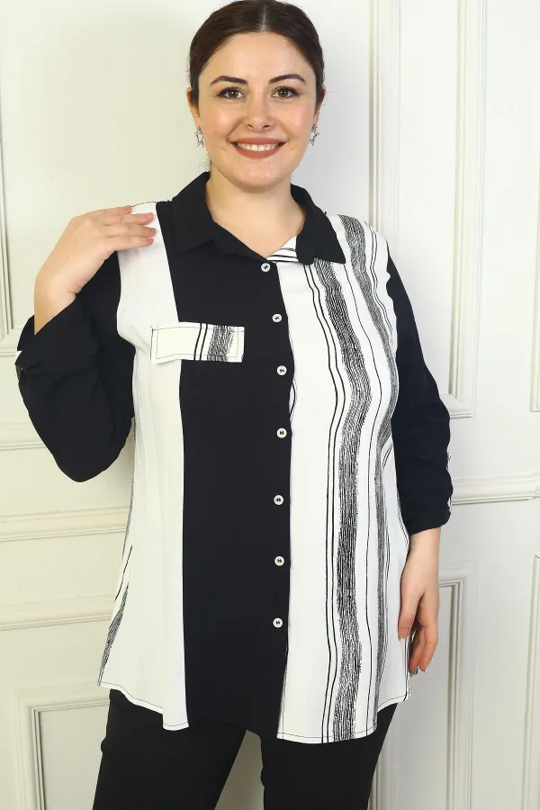 Chemise grande taille pour femme avec fausses poches, manches retroussables et rayures verticales