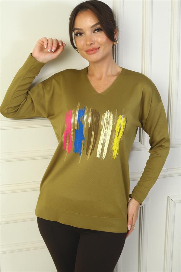 Kadın V Yaka Önü Baskılı Triko Kazak