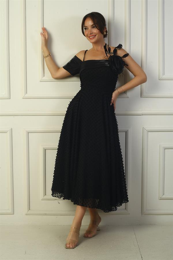 Women's Strappy Back Lace-up Dropped One-Sleeve Dress with Feather Brooch and Lined Glossy Fabric