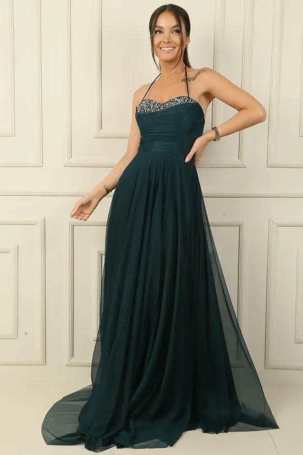 Önü Drapeli Taş Detaylı Astarlı Uzun Tül Abiye Elbise