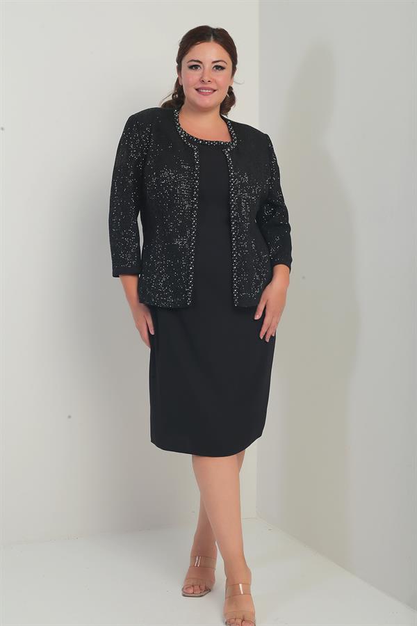 Women's Sleeveless Lined Dress with Sequin Embellished Jacket and Stone Detail, Plus Size Two-Piece Set