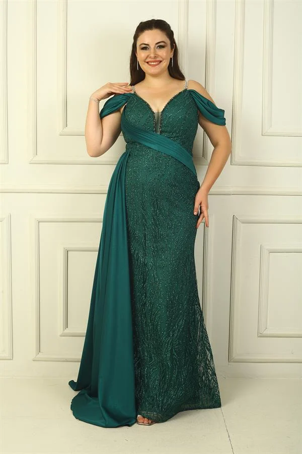 Chain Strap Front and Back V-Neck Dropped Sleeves Glitter Flock Print Lined Long Mermaid Dress