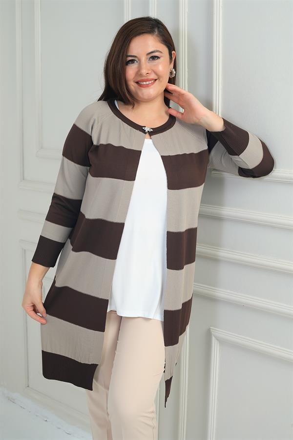 Kadın Enine Kalın Çizgili Büyük Beden Hırka