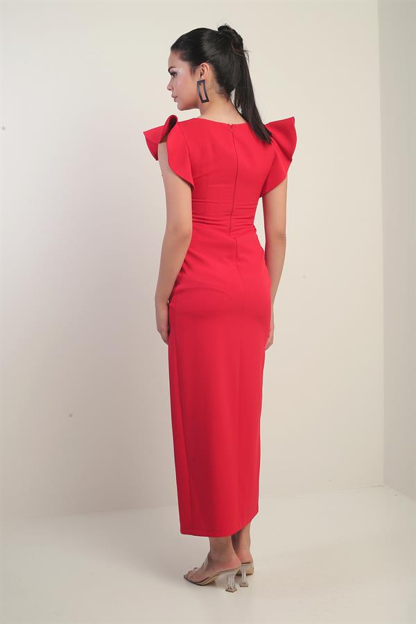 Women's Long Dress with Embroidered Roses on the Shoulder, Lined, Front Slit and Ruffles