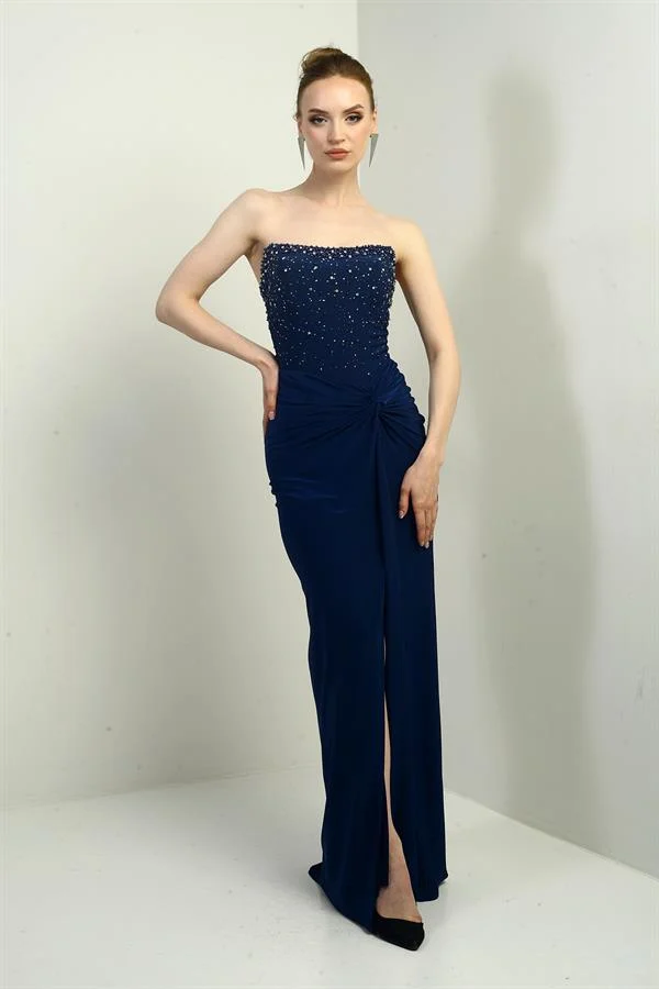 Kadın Straplez Taş-Boncuk Detaylı Önü Düğümü Uzun Sandy Elbise