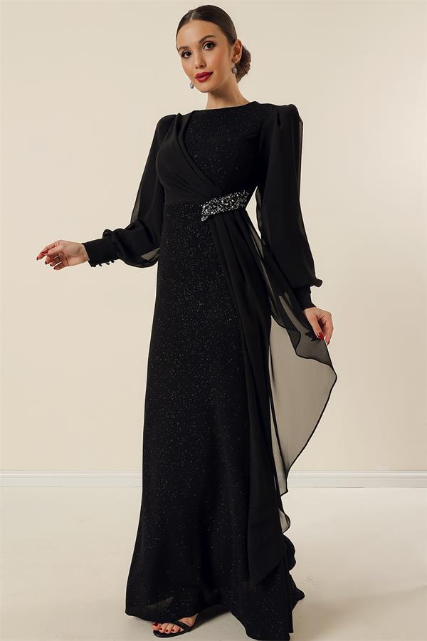 Beli Taş Aksesuarlı Likralı Şifon Detaylı Astarlı Uzun Simli Geniş Beden Aralıklı Elbise