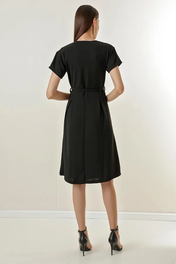 Double-Breasted Pleated Waist Belted Aerobin Dress