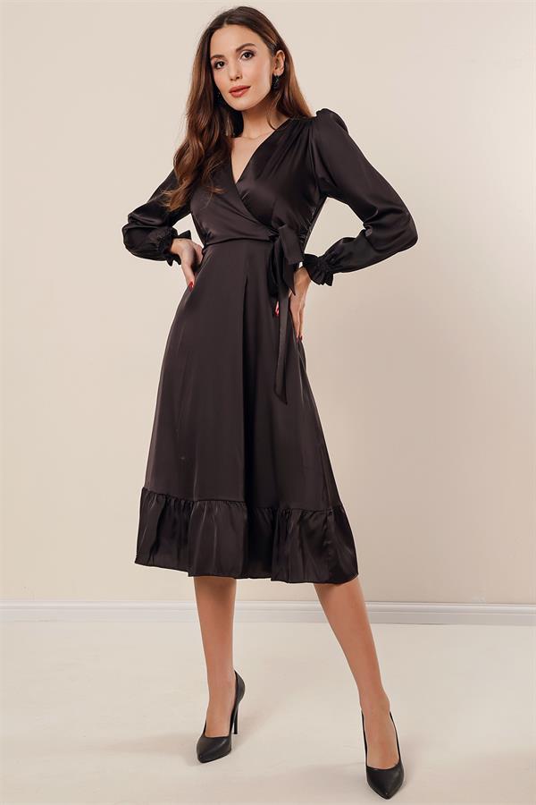 Wrap Neck, Drawstring Waist, Lined Satin Dress