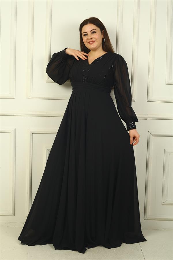 Kadın Ön Arka V Yaka Üstü Pulpayet Astarlı Büyük Beden Uzun Şifon Abiye Elbise