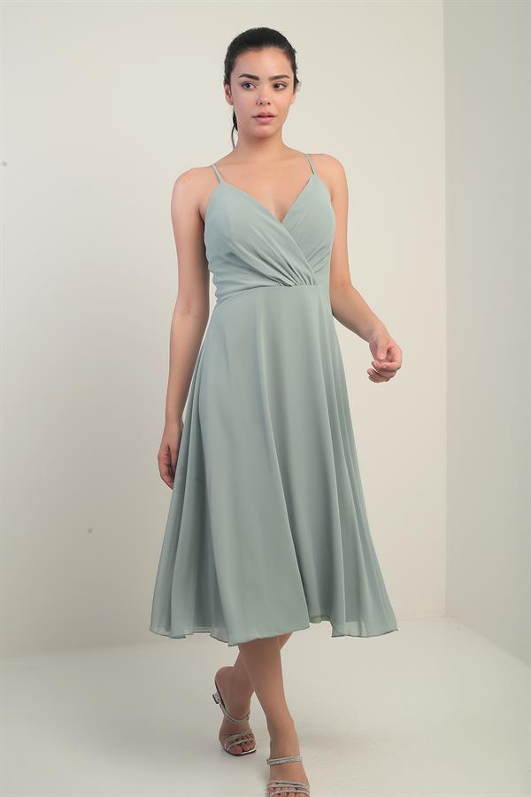 Kadın İp Askılı Kruvaze Yaka Astarlı Arkası Bağcıklı Kloş Şifon Elbise