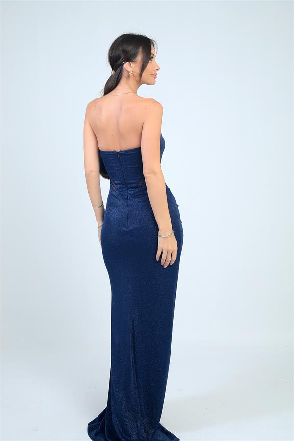 Kadın Straplez Önü Büzgülü Astarlı Simli Uzun Elbise