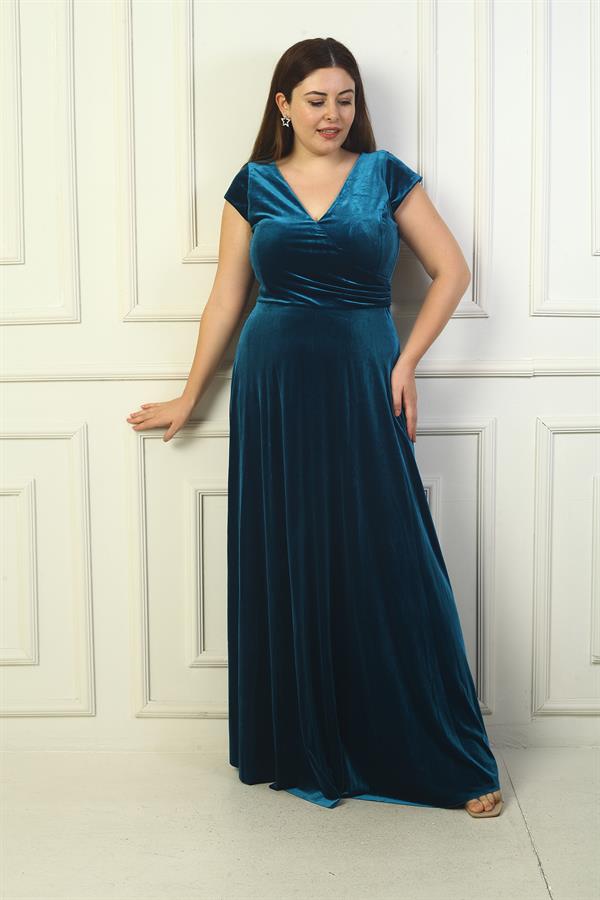 Robe longue en velours grande taille pour femme, avec décolleté en V devant et dos, fronces latérales et manches demi-lune.