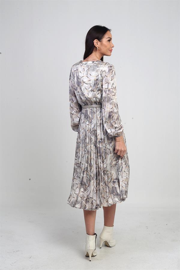 Women's Double-Breasted Waist Belted Lined Chain Pattern Pleated Midi Satin Dress