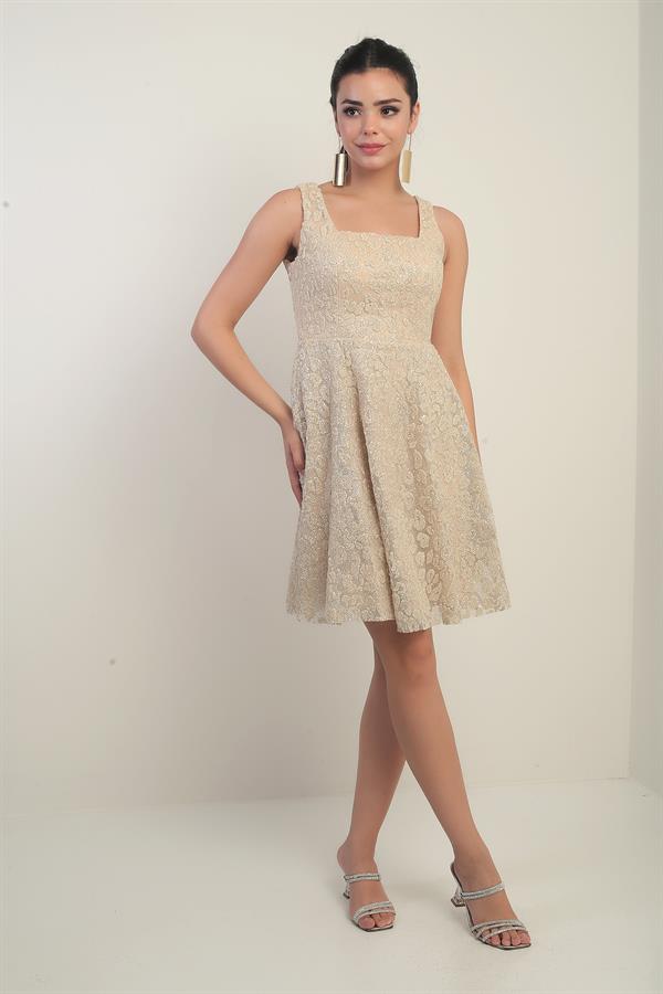 Kadın Kalın Askılı Astarlı Sim Flok Baskılı Kısa Kloş Elbise