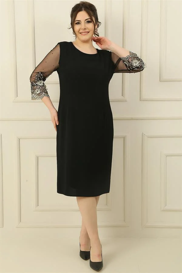Plus Size Lined Dress with Tulle, Bead and Flower Embroidered Sleeves