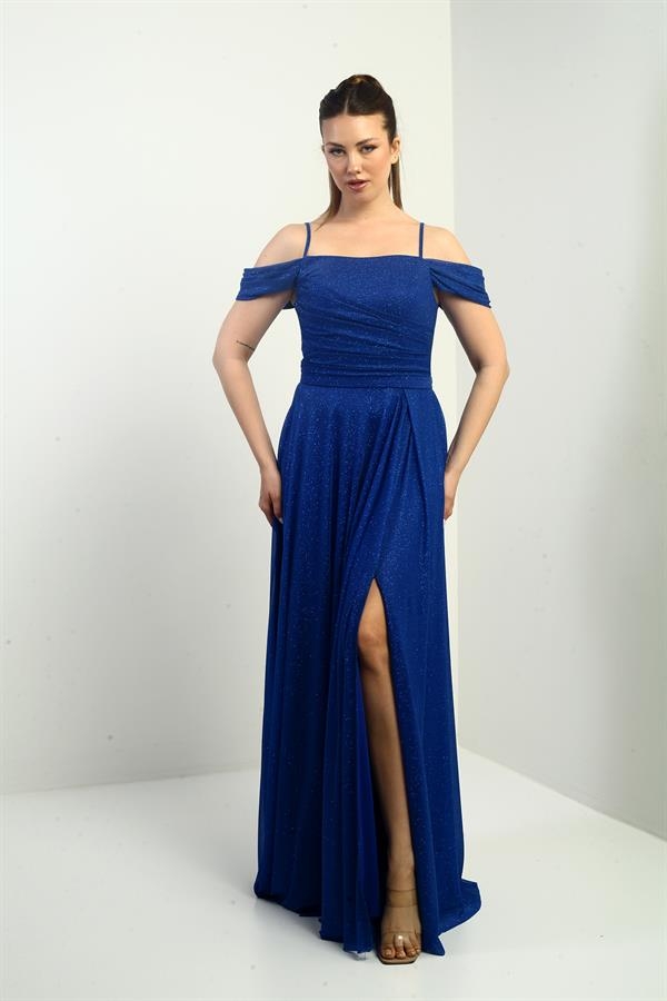 Women's Long Glittery Dress with Rope Straps and Flared Skirt