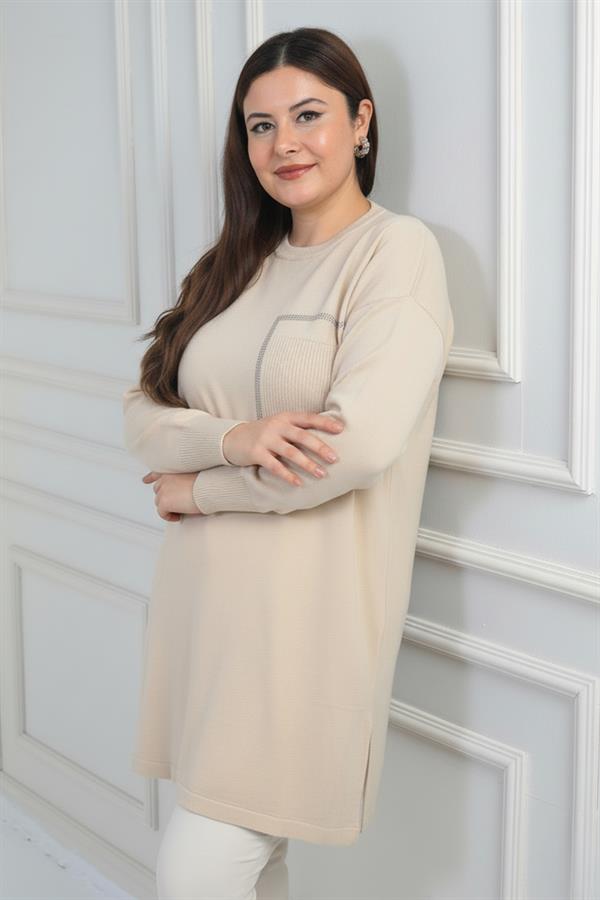 Women's Single Front Pocket Stone Print Detailed Plus Size Knitwear Tunic Blouse