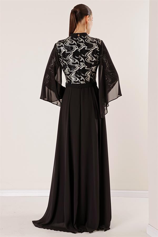 Pullu Yaldızlı Beli Taş Ve Tüy Detay Kemerli Astarlı Karışık Desenli Büyük Beden Şifon Uzun Tesettür Elbise