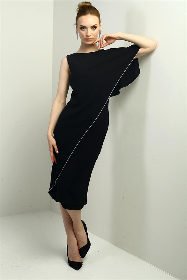 Robe midi asymétrique en crêpe à volants pour femme, ornée de pierres et doublée