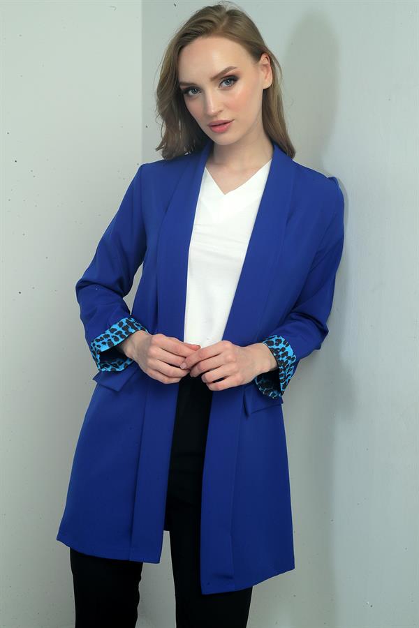 Women's Shawl Collar Long Jacket with Leopard Print Sleeve Cuffs and Lycra Fabric