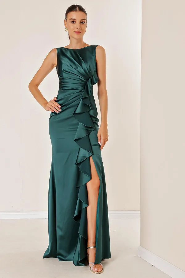 Kadın Önü Drapeli Volanlı Astarlı Uzun Saten Elbise