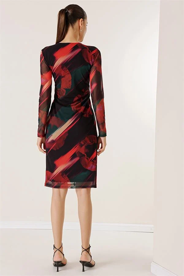 Lined Patterned Tulle Dress with Knot Detail at the Front