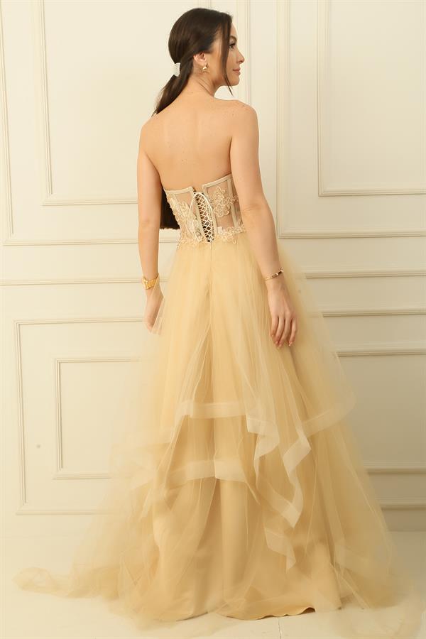 Long, Layered Tulle Taffeta Evening Dress with Beaded Embellishments