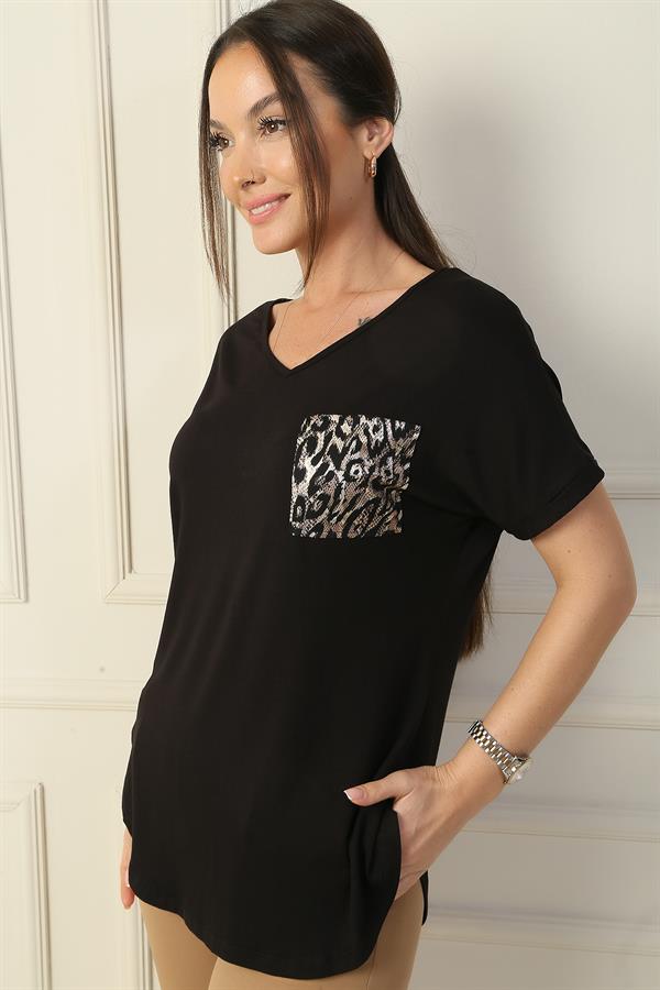 Women's Front and Back V-Neck Blouse with Leopard Print Back Trim, Pockets, and Lycra Fabric