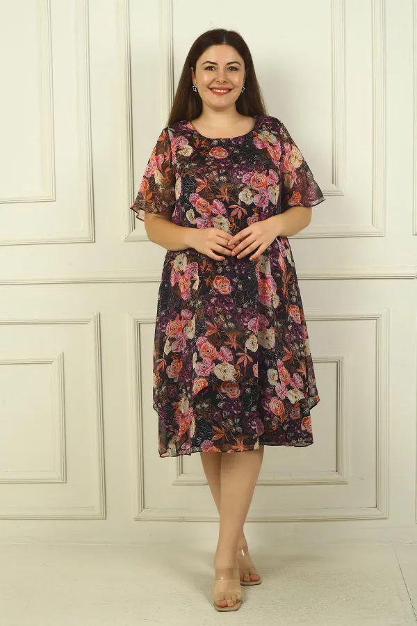 Women's Round Neck Short Sleeve Lined Double Layer Floral Plus Size Chiffon Dress