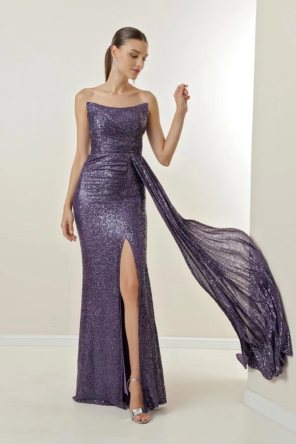 Önü Drapeli Astarlı Straplez Pulpayet Uzun Elbise