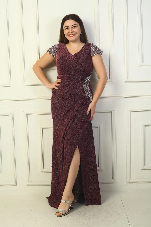 Ön Arka V Yaka Kol Ve Bel Taş Detaylı Astarlı Drapeli Simli Büyük Beden Likralı Uzun Elbise