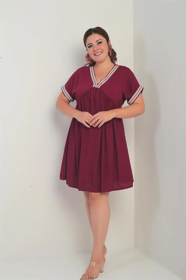 Kadın Yaka-Kol Zigzag Şerit Detaylı Büyük Beden Elbise