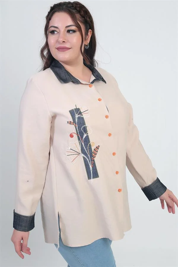 Chemise en lyocell grande taille pour femme avec application en denim brodée sur le devant