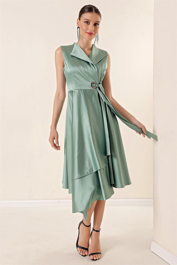 Wrap Neckline Lace-up Satin Dress
