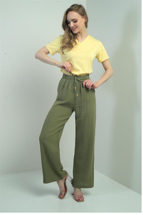 Women's Muslin Palazzo Pants with Elastic Waist and Pockets
