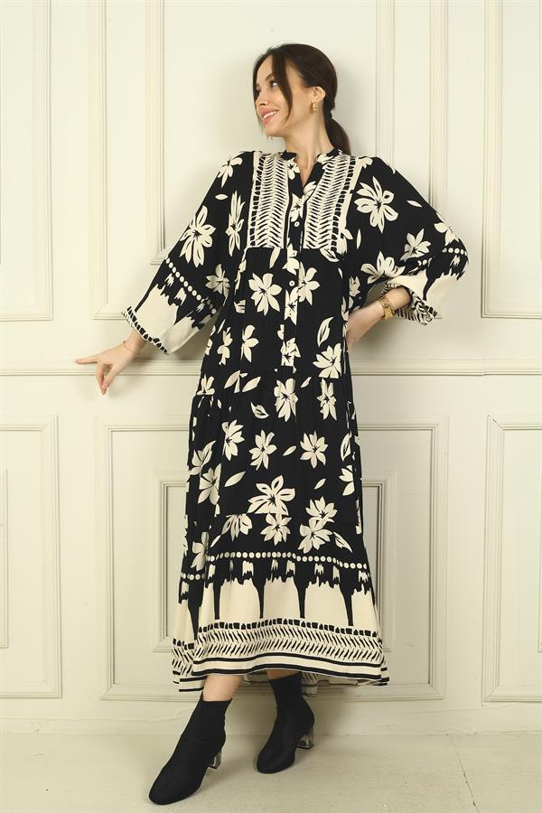 Women's Half-Front Floral Patterned Ruffled Oversize Long Dress