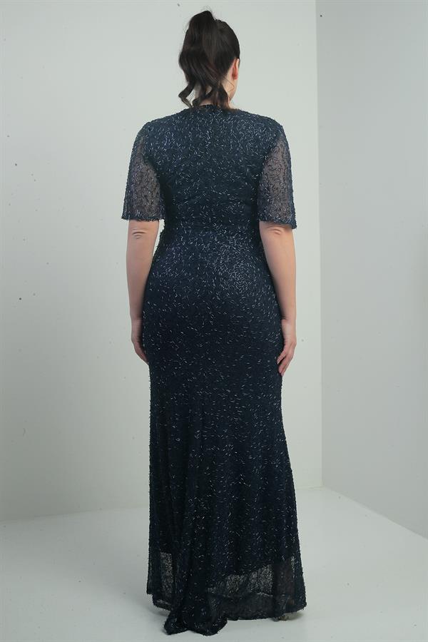 Kadın V Yaka Astarlı Önü Düğüm Detaylı Boru Boncuk İşlemeli Büyük Beden Uzun Elbise