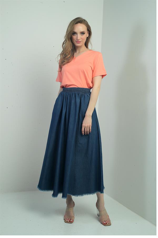 Women's Elastic Waist, Side Pockets, Fringed Hem, Slim Denim Long Skirt