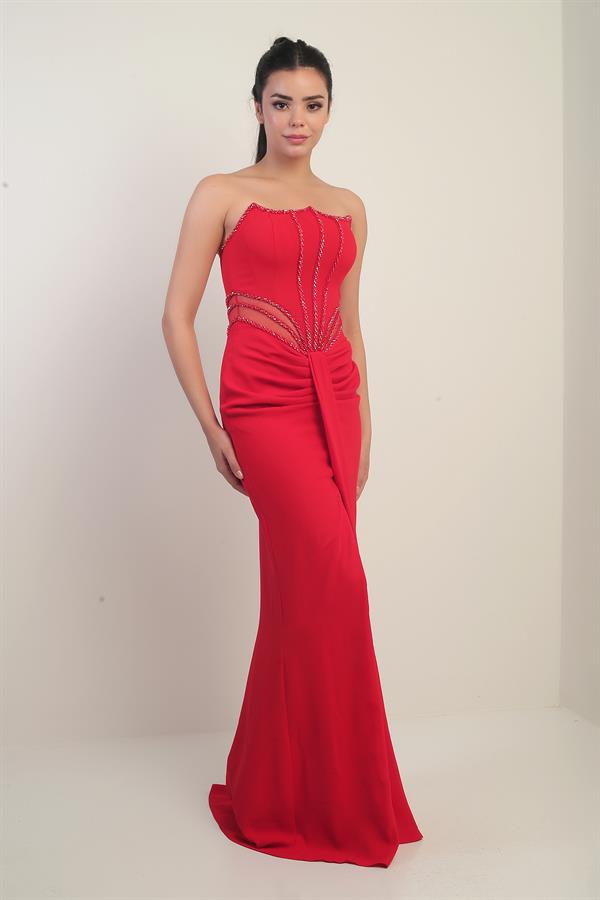 Robe longue bustier pour femme avec détails perlés et doublure transparente à la taille